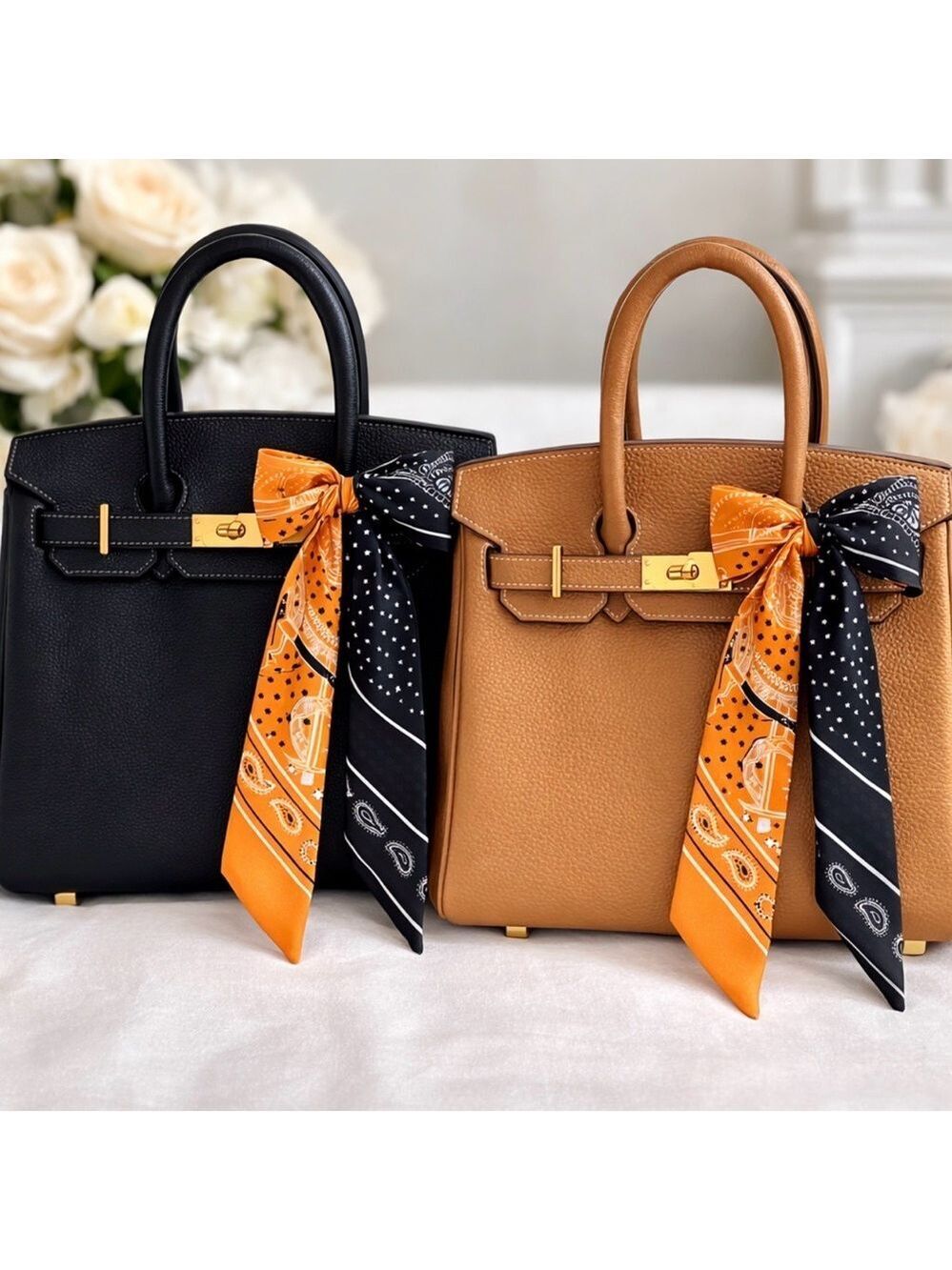 ORANGE BLACK BANDANA SKINNY SCARF BAG HANDLE WRAP HAIR TIE HEADBAND BANDEAU